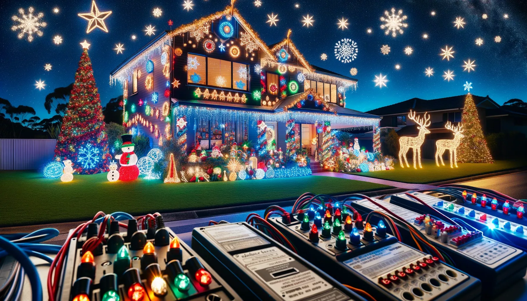 House with a lot or fairy lights and illumination controlled by a switch panel