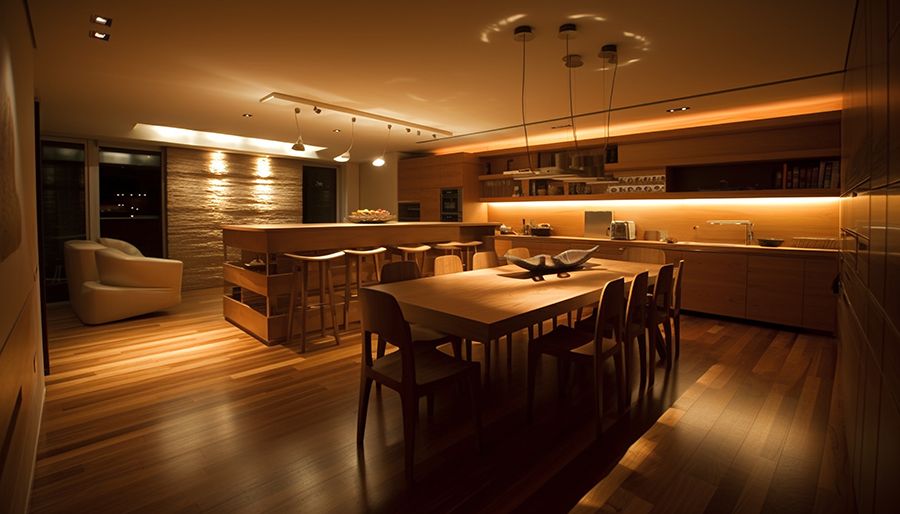 Artistically lit dining room in warm wooden colours