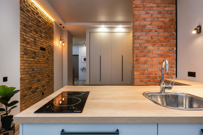 Interior of modern apartment with kitchen counter